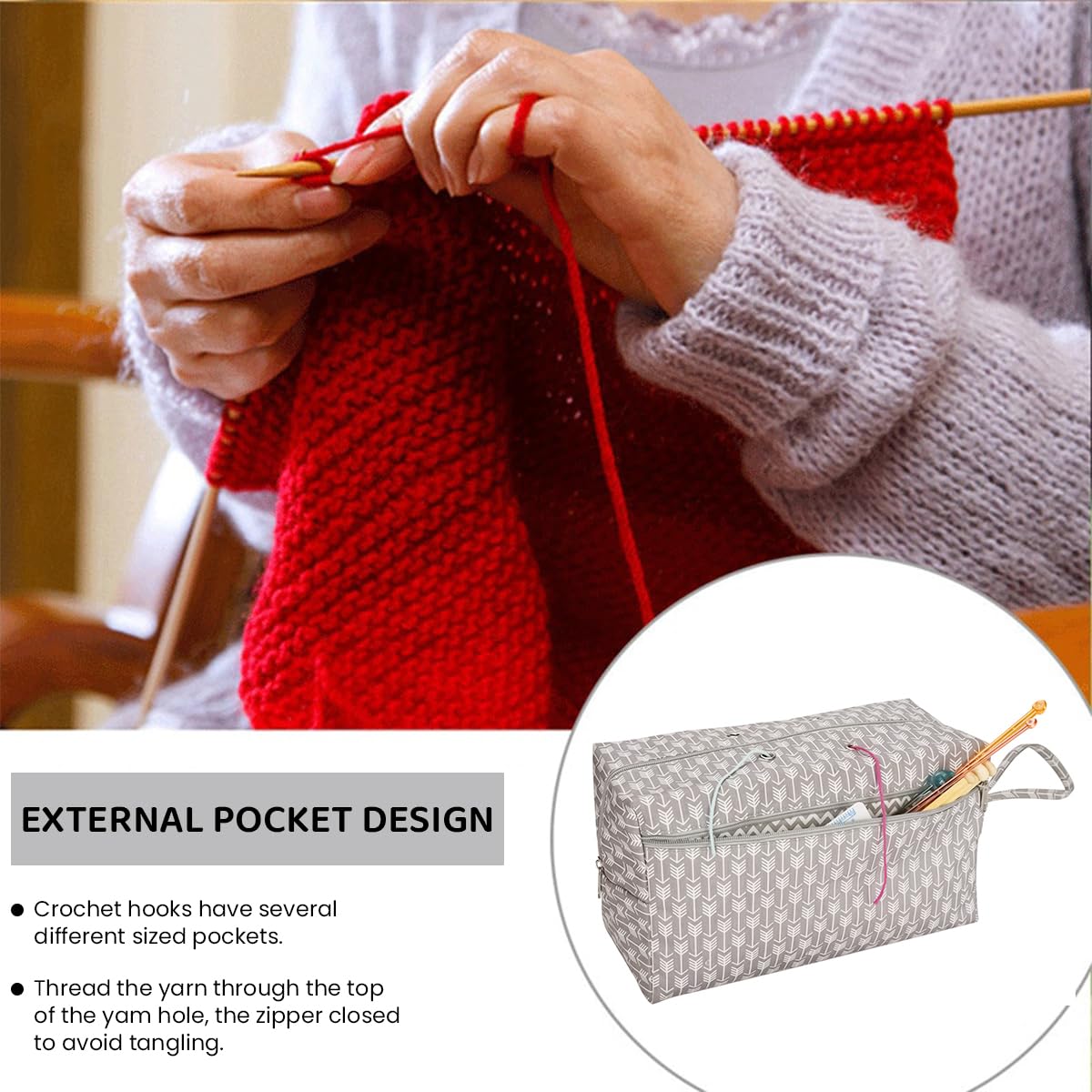 HASTHIP Crochet Bag for Yarn Storage and Knitting Accessories featuring 4 Yarn Feed Holes