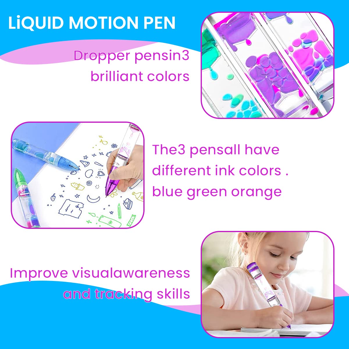 PATPAT Ballpoint Pen for Kids with Liquid Motion Bubbler and Smooth Blue Ink | Stress Relief Toy