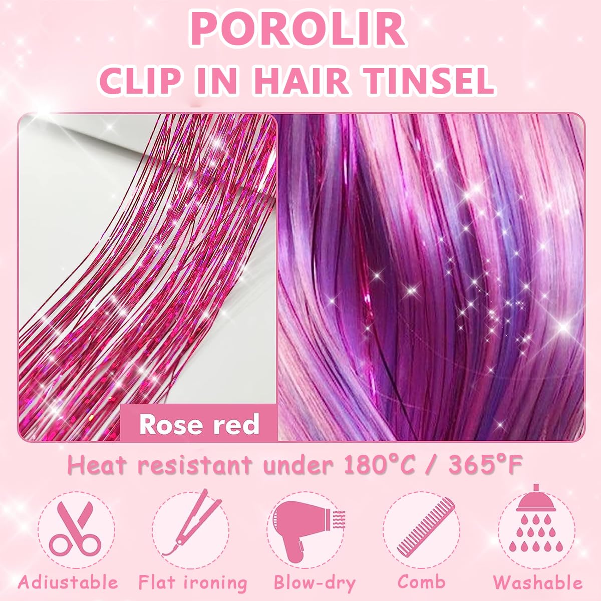 MAYCREATE Hair Tinsel Clip in Glitter Extensions 12PCS 20.5in with Secure Clips for Women and Girls | Pink Shiny Strands for Festival Party Cosplay