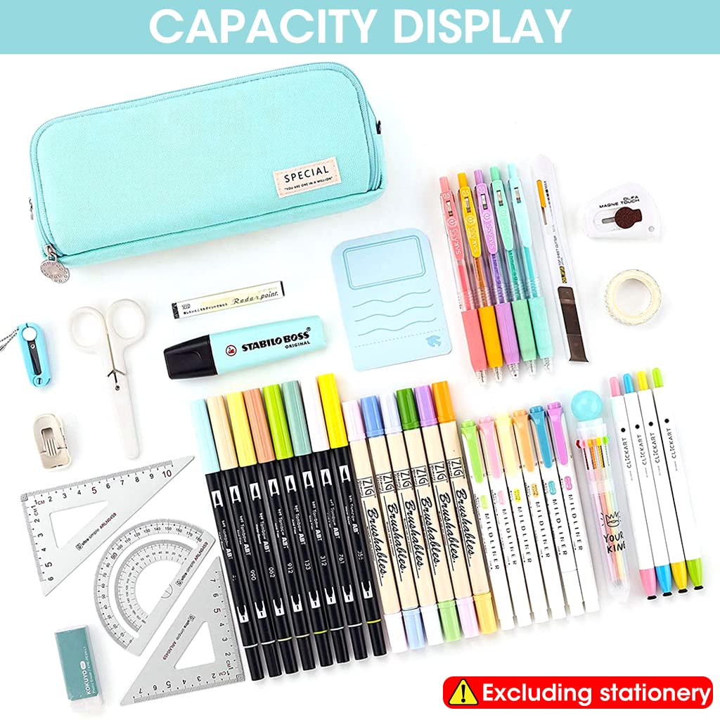 HASTHIP Pencil Case for Students with 3 Compartments and Metal Zippers 21x5x9cm Blue | Multi‑use Cosmetic & Stationery Organizer