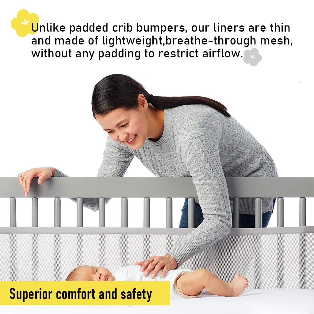 SNOWIE SOFT Breathable Mesh Crib Liner 62×11.8 in for Baby Cribs with Cuttable Fabric Fence | Easy Detachable Design