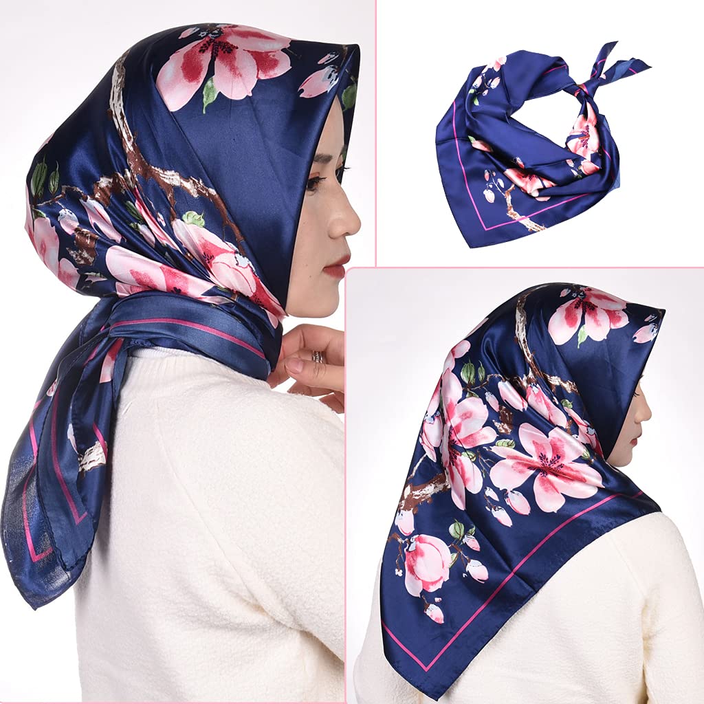 PALAY® Scarf for Women Stylish Satin Square Silk Like Hair Scarves and Wraps Headscarf for Sleeping 90 * 90cm-Navy (multi2)