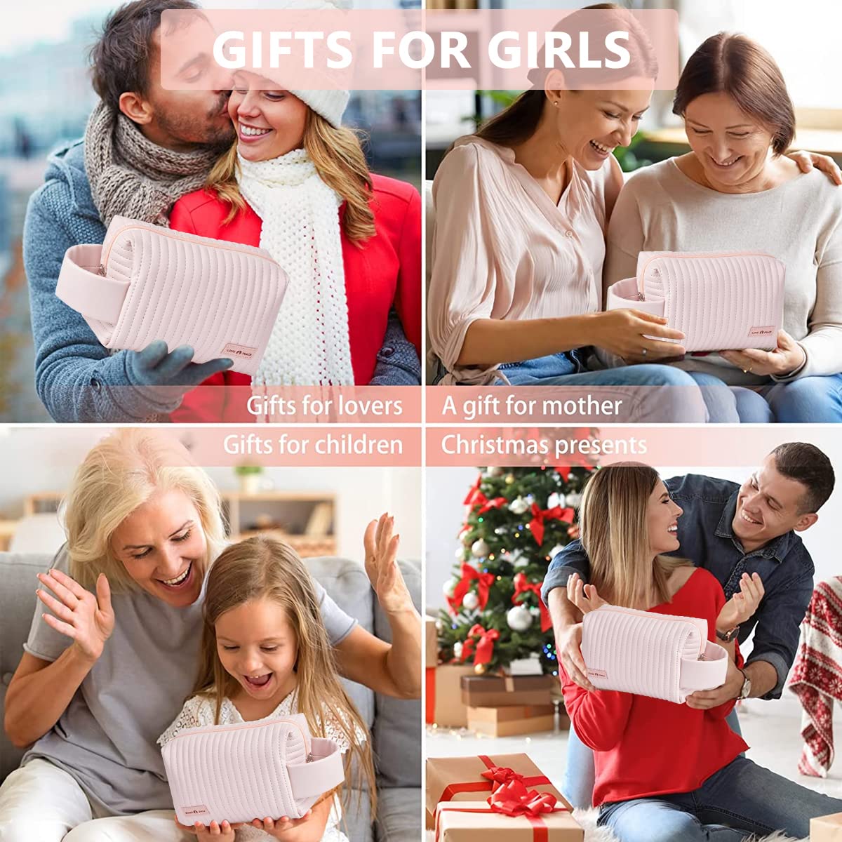 MAYCREATE Makeup Bag for Travel with Full Open Zipper and Handle 18×7.5×12.5cm Pink | PU Leather Toiletry Organizer for Women