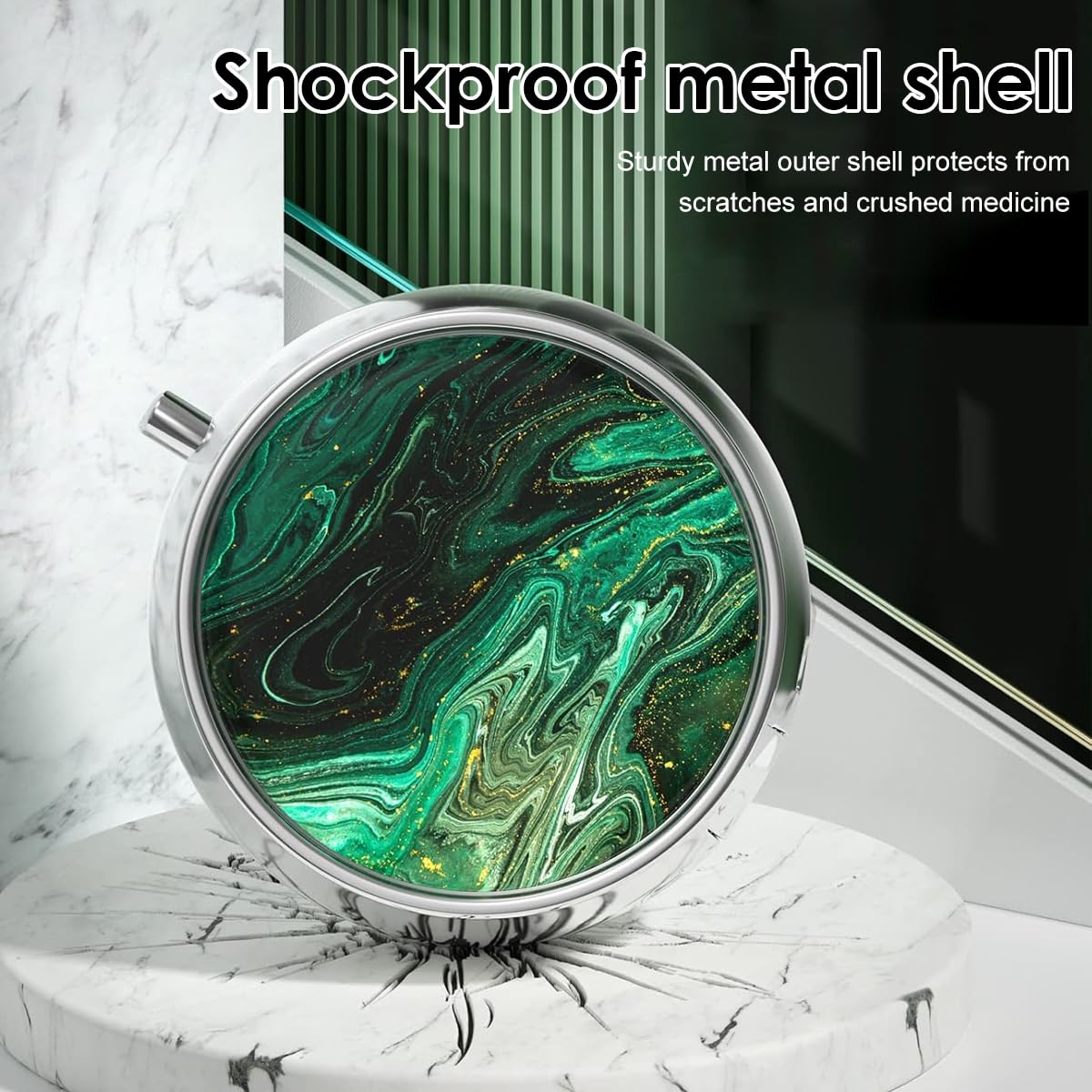 HANNEA Pill Box for Travel and Daily Use with 3 Compartments and Button Closure | Metal Case with Built In Mirror and Resin Art Lid, Green