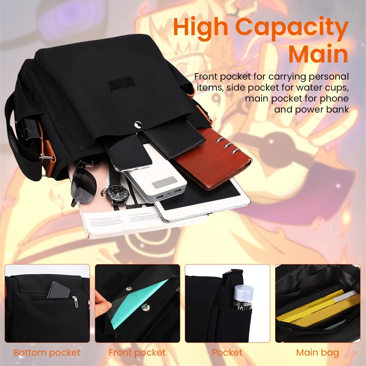 Fancyku Naruto Anime Sling Bag for Travel and Daily Use with Multiple Pockets 33x13x26cm | Canvas Messenger Bag for Men and Women