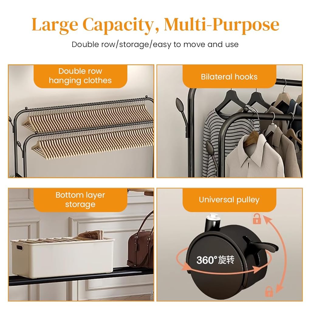 HASTHIP Garment Organizer Rack Moving Floor Clothes Rack Garment Rack with Wheel Double Layer Metal Clothes Organizer Rack with Utiliy Shoe Rack Multi Purpose Open Garment Organizer Rack