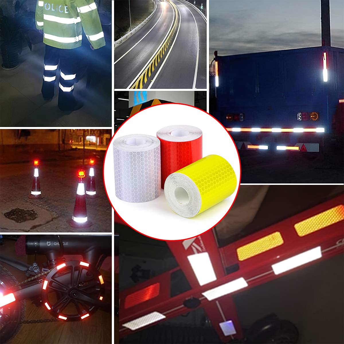 STHIRA® 3 Rolls Reflective Tape 50mm*3m Waterproof Reflective Warning Stickers High Intensity Self Adhesive Reflector Tape for Vehicles Road Bikes Helmets Safety Reminder (White Red Yellow)