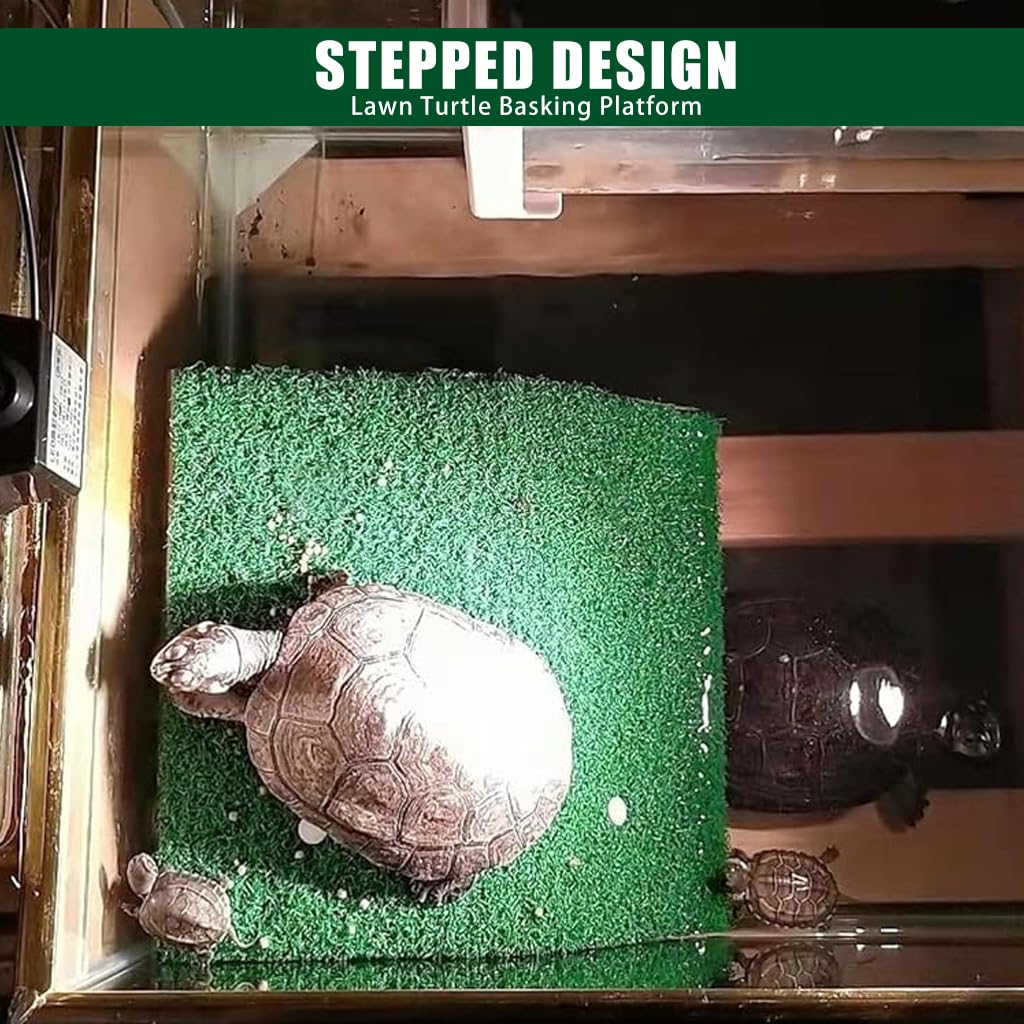 Qpets Turtle Basking Platform for Aquatic and Terrestrial Tanks with Suction Cups and Removable Turf | Wall Mounted Design for Comfortable Sunbathing