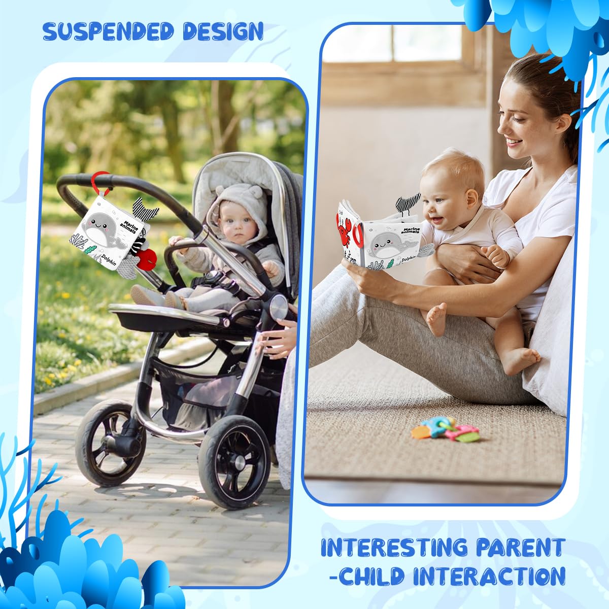 SNOWIE SOFT Dolphin Cloth Books for Babies with 3D Touch Feel Washable Non Toxic Fabric | 2PCS