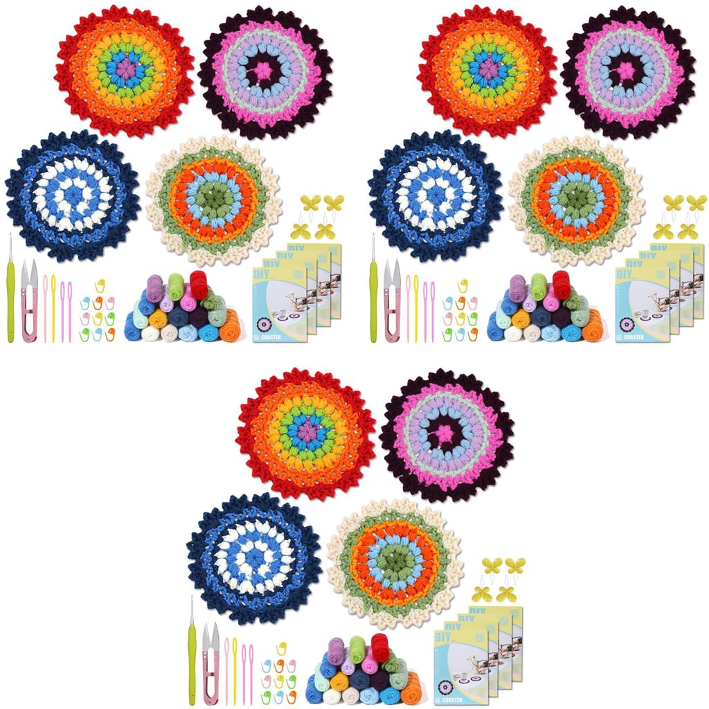 PATPAT Crochet Coaster Kit for Beginners with Ergonomic Hooks and Vibrant Yarns | 12PCS DIY Set