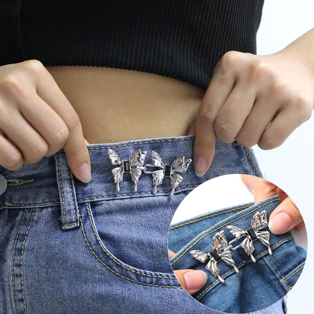 ZIBUYU 2 Sets  Jeans Tightening Clips, Buttons for Jeans, Alloy Butterfly Jeans Adjustable Button Pins Jean Buttons for Loose Jeans Pants Dress, No Sewing Required Detachable Jean Pin