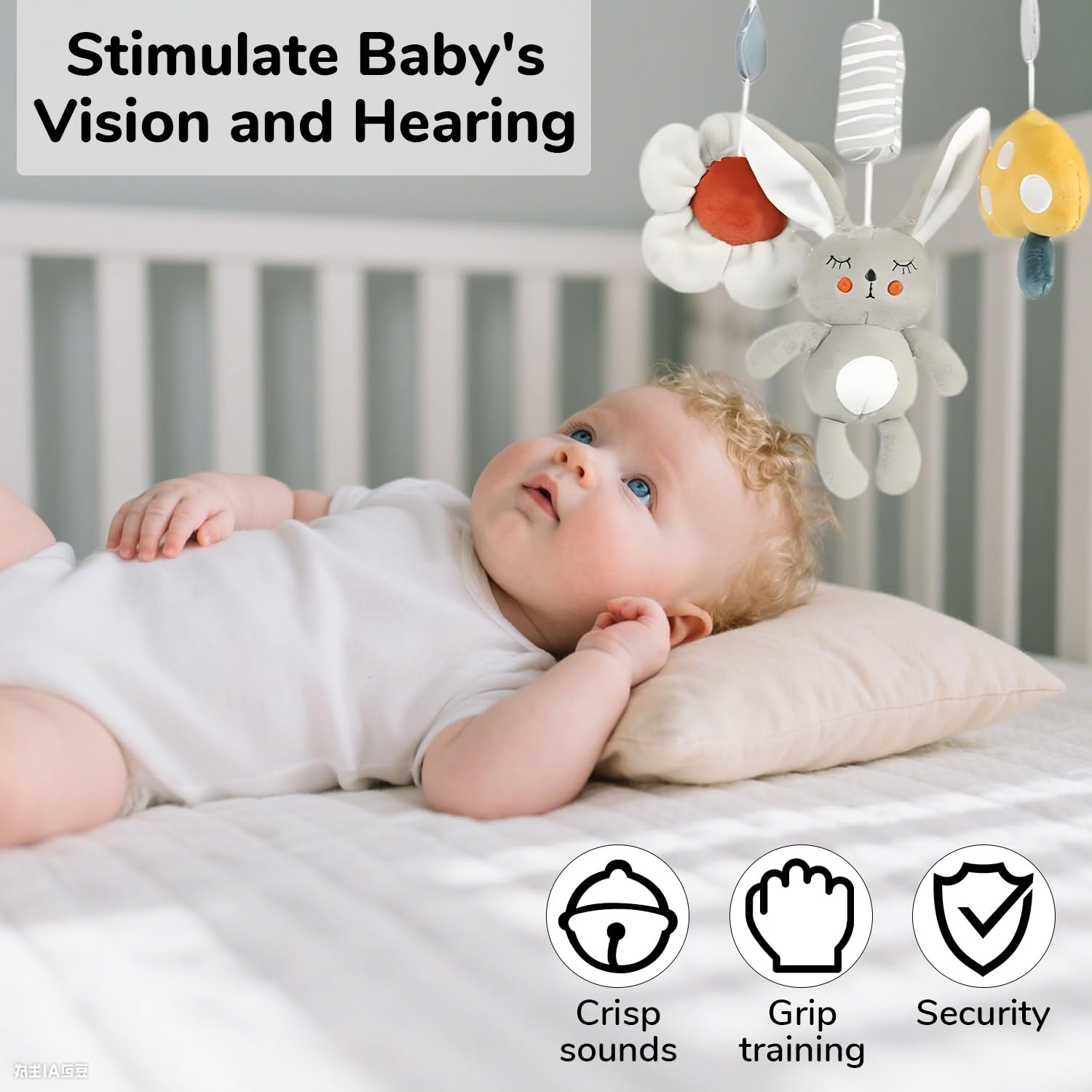 SNOWIE SOFT Rabbit Plush Baby Toy for Crib and Stroller with Squeaky Device | Low Saturation Soothing Colors for Newborns