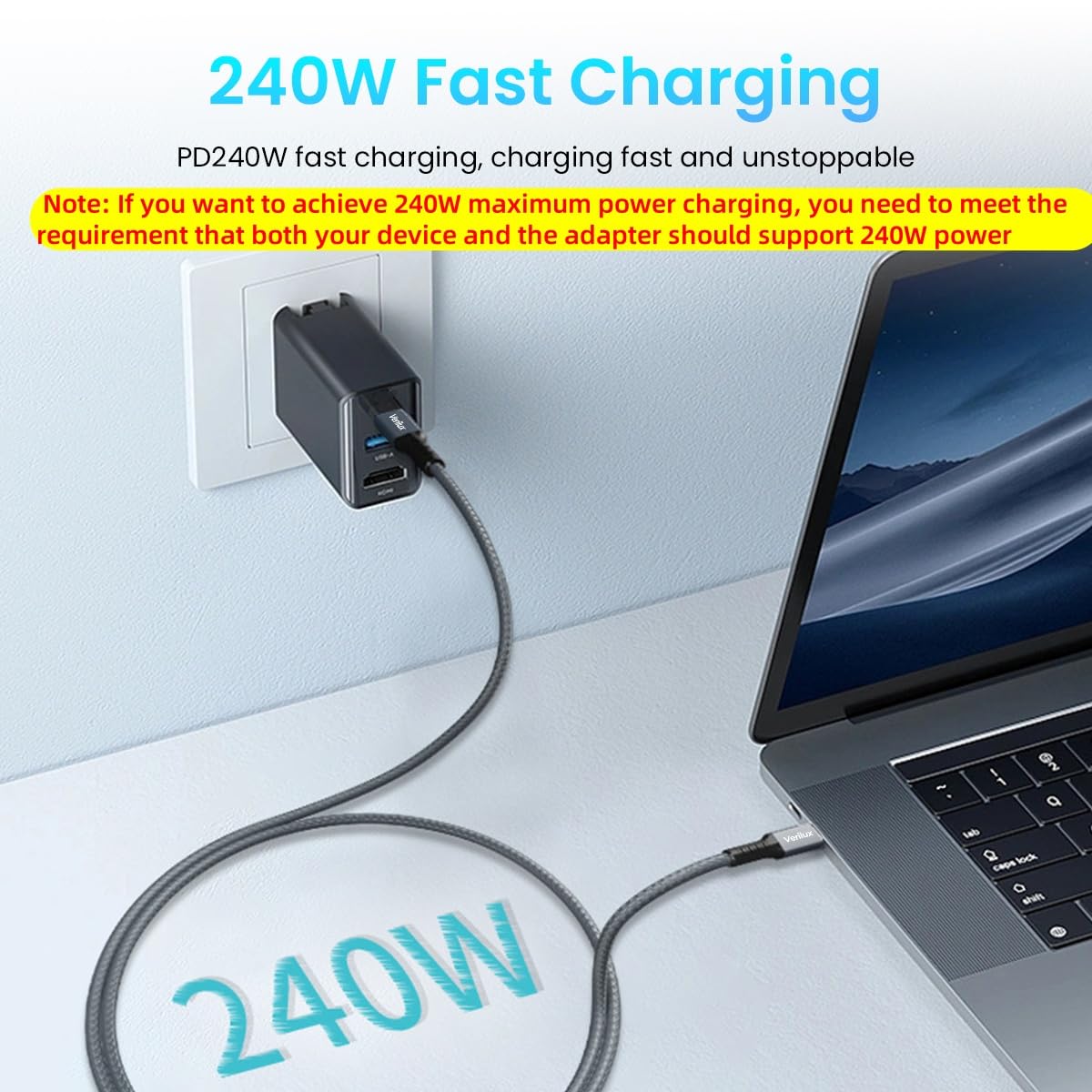 Verilux Type C to Type C Cable for Fast Charging with 240W Power and 40Gbps Transfer | 8K Display and Nylon Braided 4.9ft Design