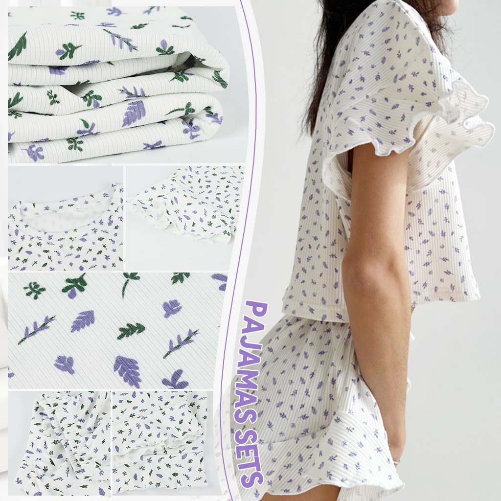 SANNIDHI Women Sleepwear 2 Piece Set for Summer with Ribbed Crop Top & Shorts in White