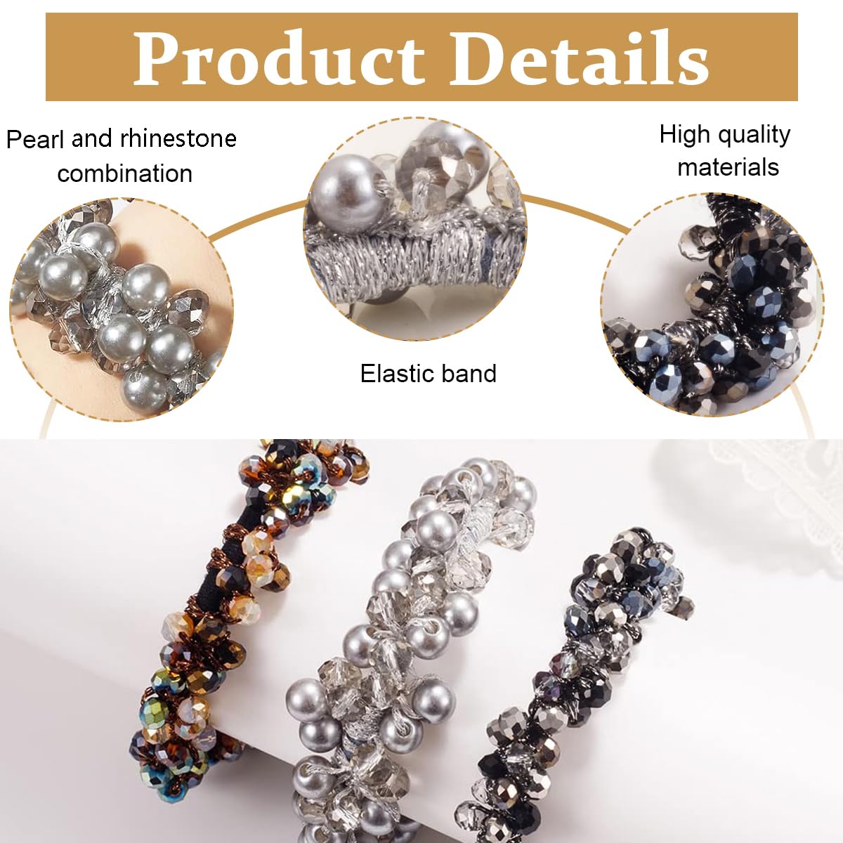 PALAY Hair Scrunchies for Women featuring Rhinestone Bead Bands 3 Pack | Elegant Bun Holder