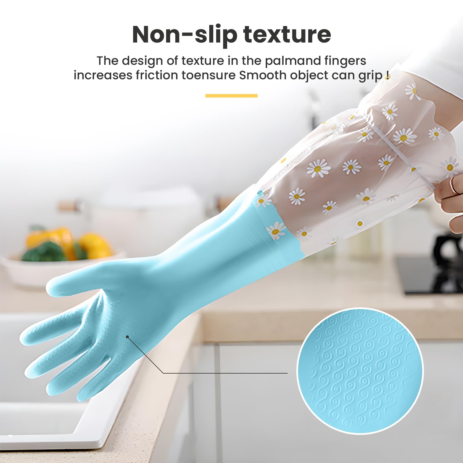 Supvox Kitchen Dishwashing Gloves for Household Cleaning with Anti Slip Palms and Elastic Cuffs | 2 Pairs Waterproof PVC Forearm Length Design