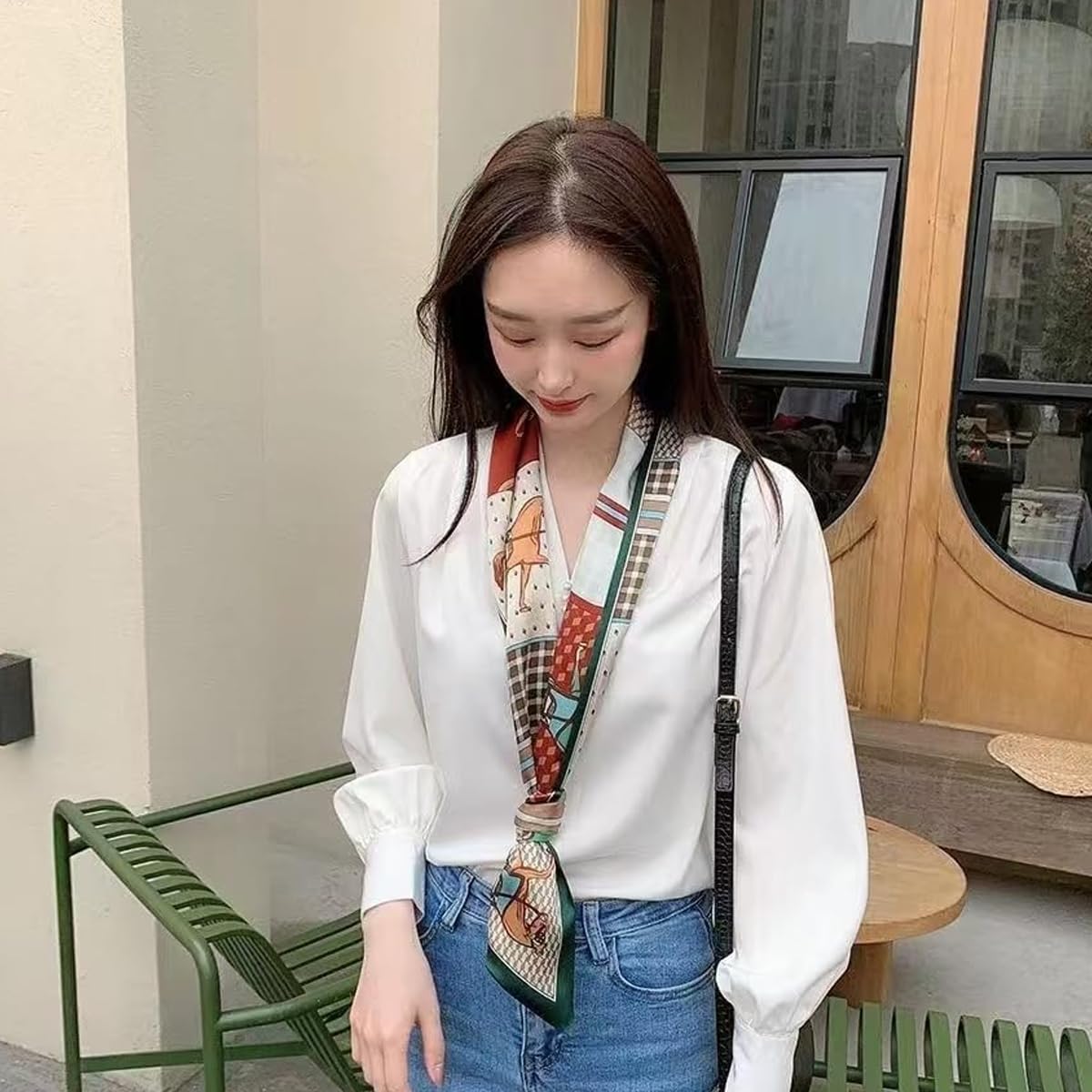 PALAY Silk Neck Scarf for Women with Narrow 59x5.3 in Design and Smooth Dacron Texture | Elegant Print for Suits and Blazers