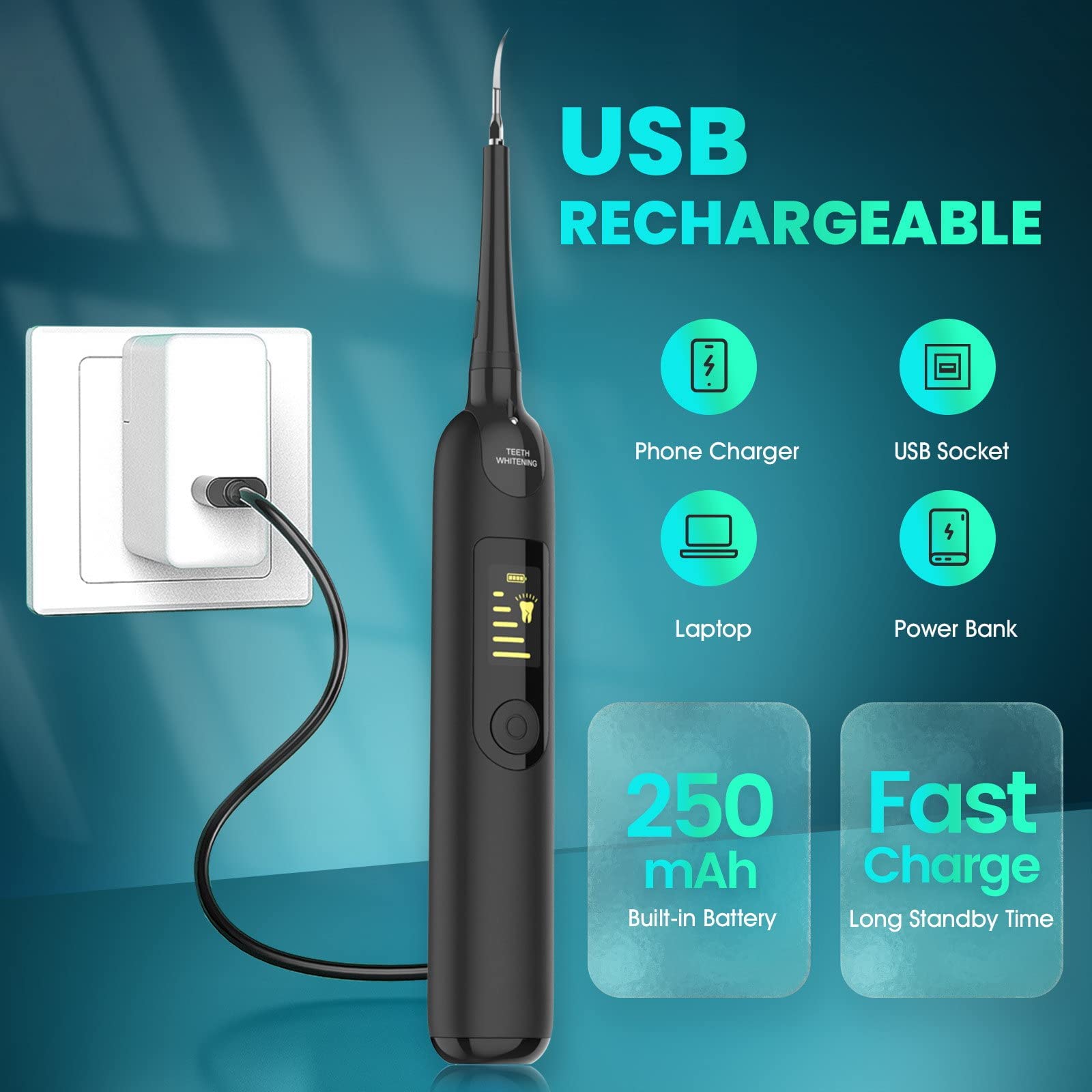 HANNEA Teeth Cleaning Kit with 5 Modes and 3 Tips featuring Sonic Vibration & LED Light | IPX6 Waterproof USB Rechargeable