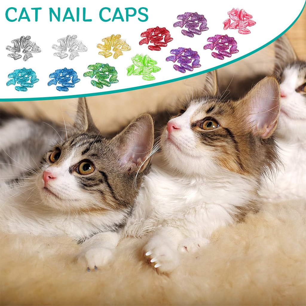 Qpets® Cat Nail Caps, Soft Cat Nail Protector Covers Pet Cat Paws Caps, Anti Scratch Cat Nail Art Pet Claw Care for Cats Dogs - 120Pcs & 12 Colors