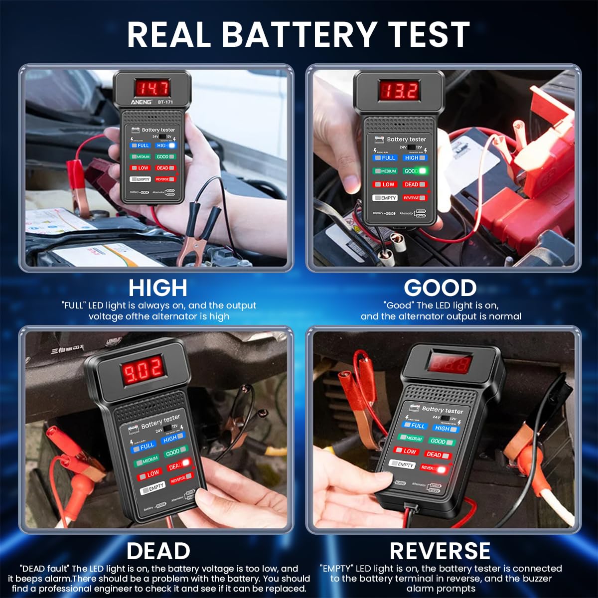 STHIRA Car Battery Tester for 12V and 24V Vehicles with LED Indicator and 4 Stage Generator Monitor