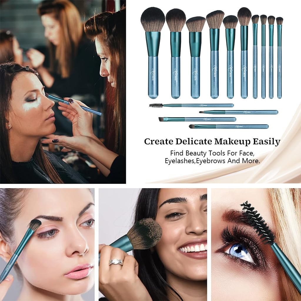 MAYCREATE Makeup Brush Set for Beginners and Artists with 14 Pcs & Wooden Handles | Soft Synthetic Bristles