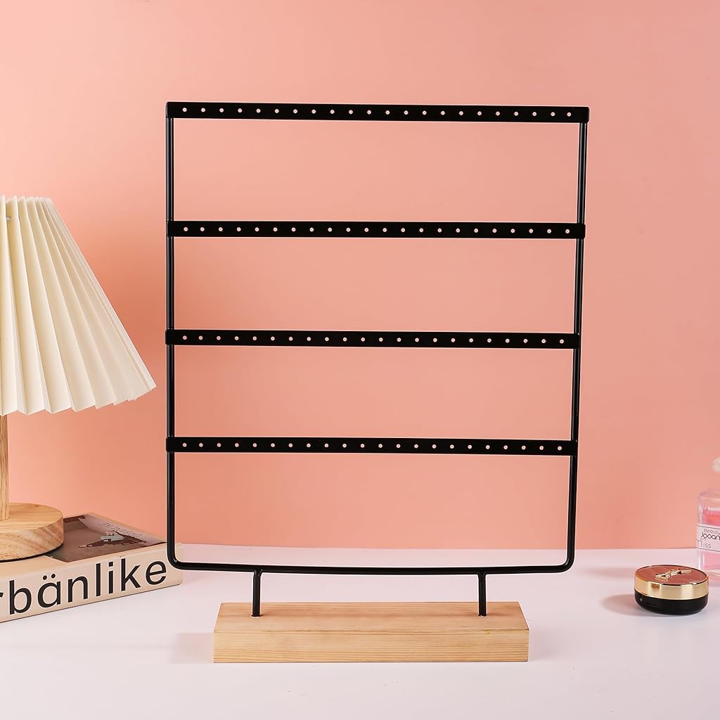 HASTHIP® Earrings Organizer for Women, 4-Tier Hanging Earring Stand for Display for Shop, 88 Slots Metal Earring Holder for Heavy Earrings Studs Hoops and Hooks, with Wooden Base