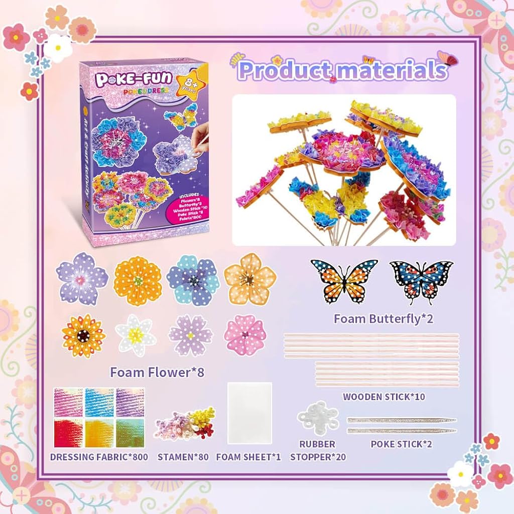 PATPAT® Poke in Art Kits for Girls, Creating Flower Bouquet Making Kit Art Kit for Kids 6-12, 800-PCS Multicolor Fabric Craft Set with Stems & Butterflies, Birthday Gift for Girl