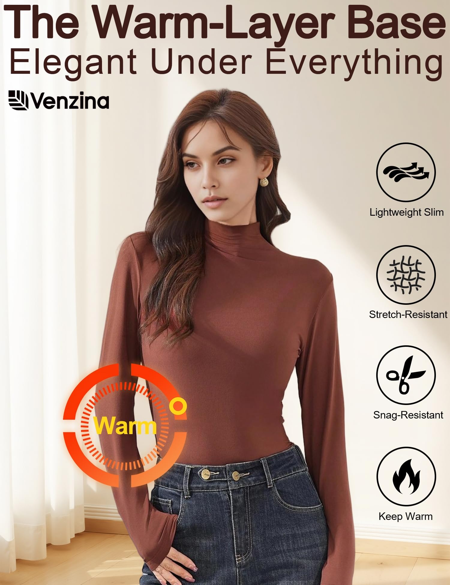 Venzina Women's Mock Neck Long Sleeve Top for Fall and Winter Layering | Soft Stretch Slim Fit Pullover in Rust Brown