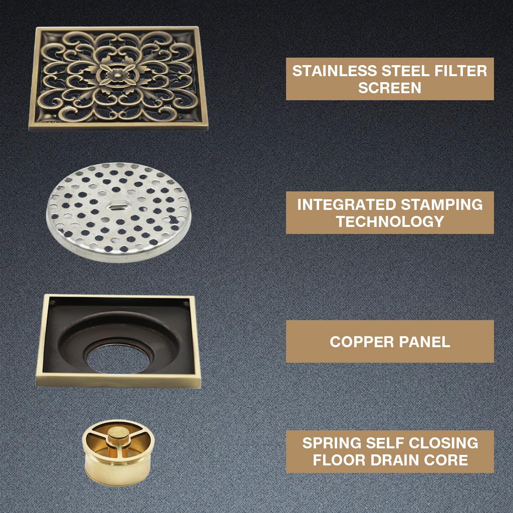 HASTHIP Bathroom Floor Drain for Shower with Self-Opening Anti-Odor Mechanism | 3.93 in Antique Brass Square Featuring Floral Cut-Out Cover