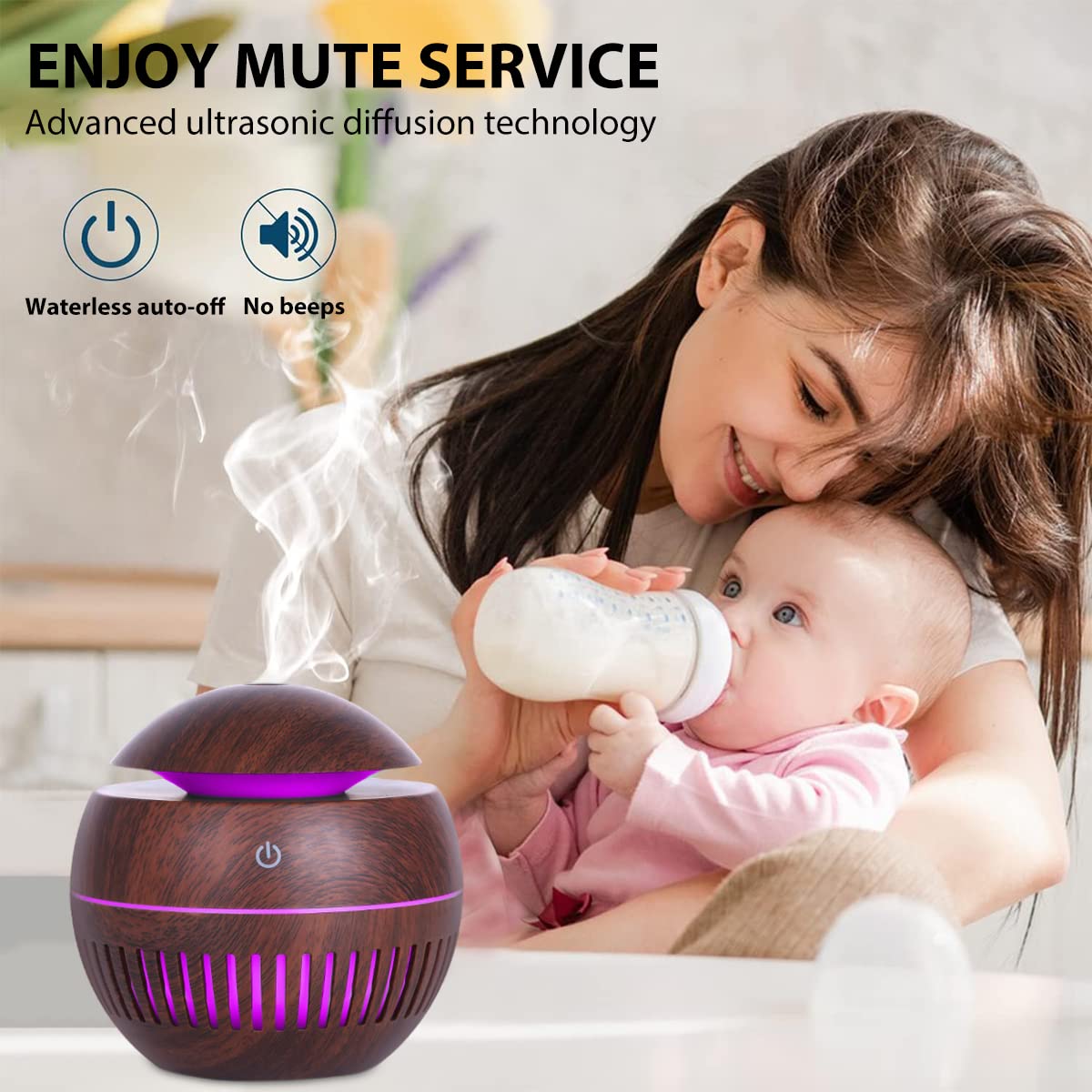 HANNEA Humidifier for Room featuring Smart Touch Switch and 7 Color LED Light | 130ML Wood Grain USB Aroma Diffuser