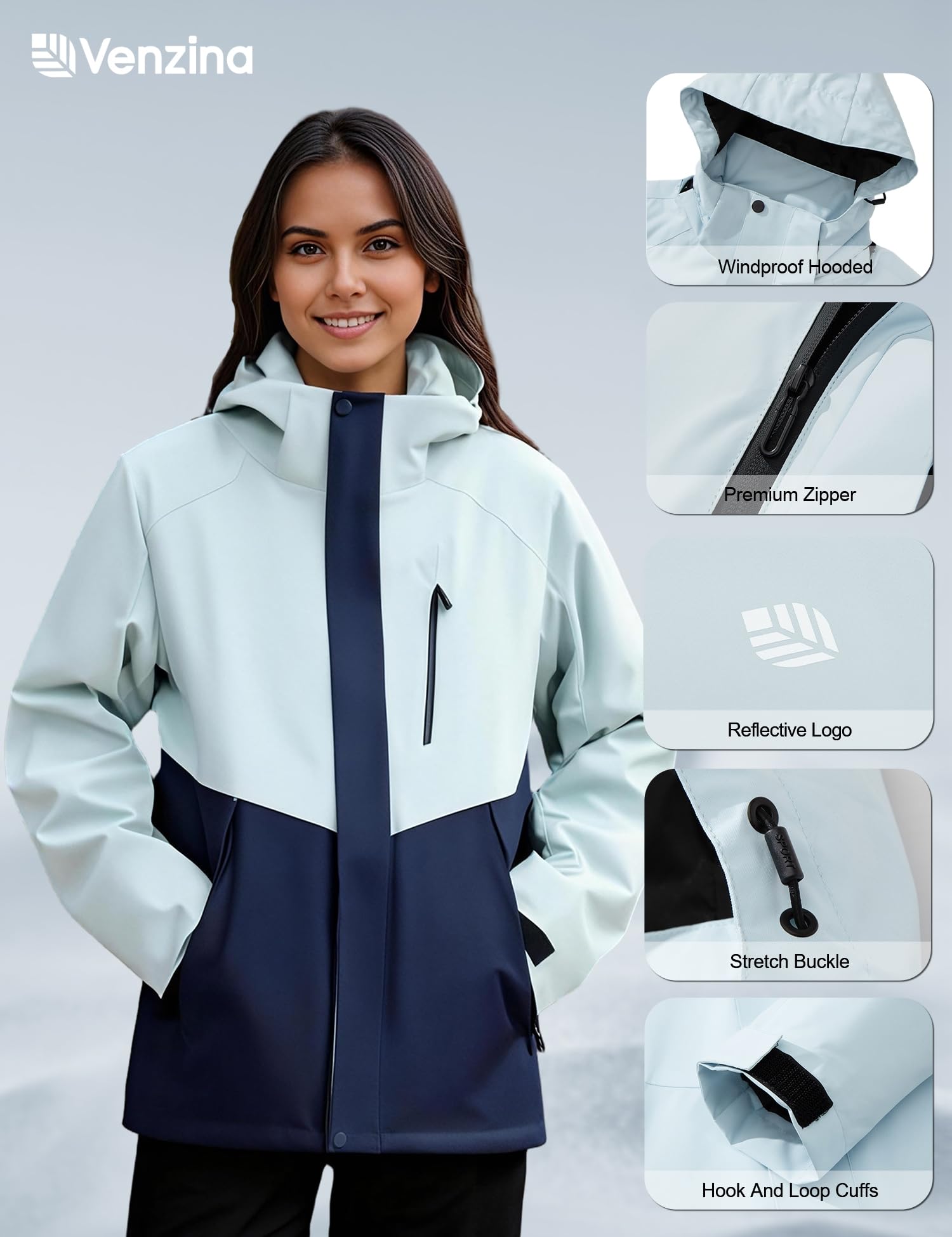 Venzina Women's Fashion Water Repellent Jacket for Hiking and Commute with Reflective Design and Breathable Windproof Fabric | Grey S