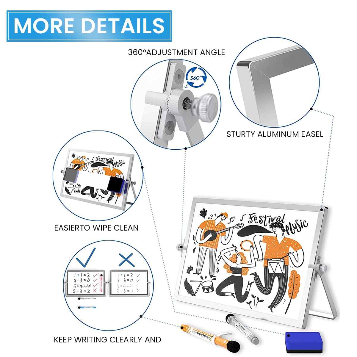 ZIBUYU White Board for Home and Office with 360° Rotatable Double Sides and Aluminum Stand | 10 in Memo and To Do List Dry Erase Board