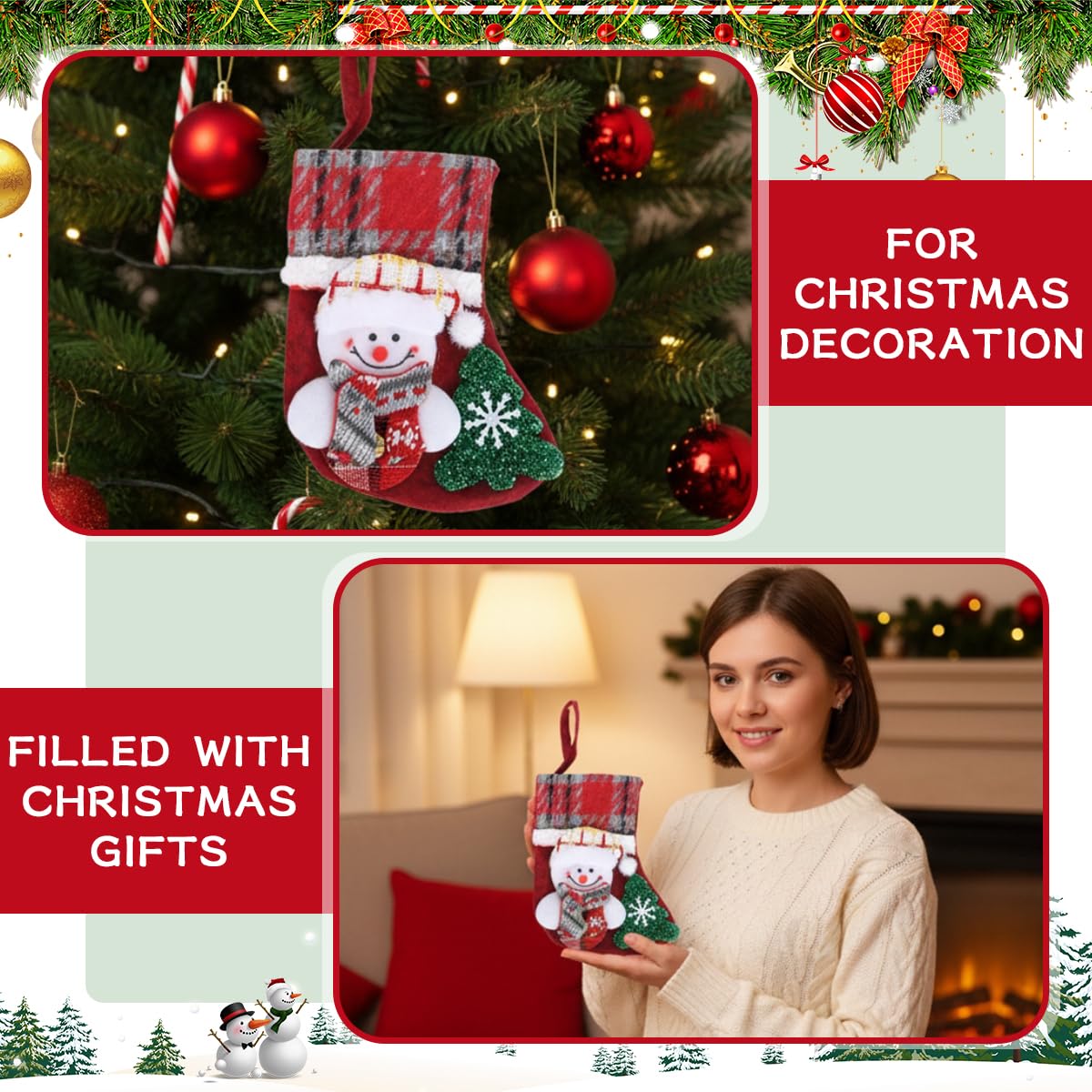 HASTHIP Christmas Stockings Set for Tree and Home with Santa Reindeer Bear Snowman Prints 13x17cm | 4Pcs Fabric Hanging Decorations