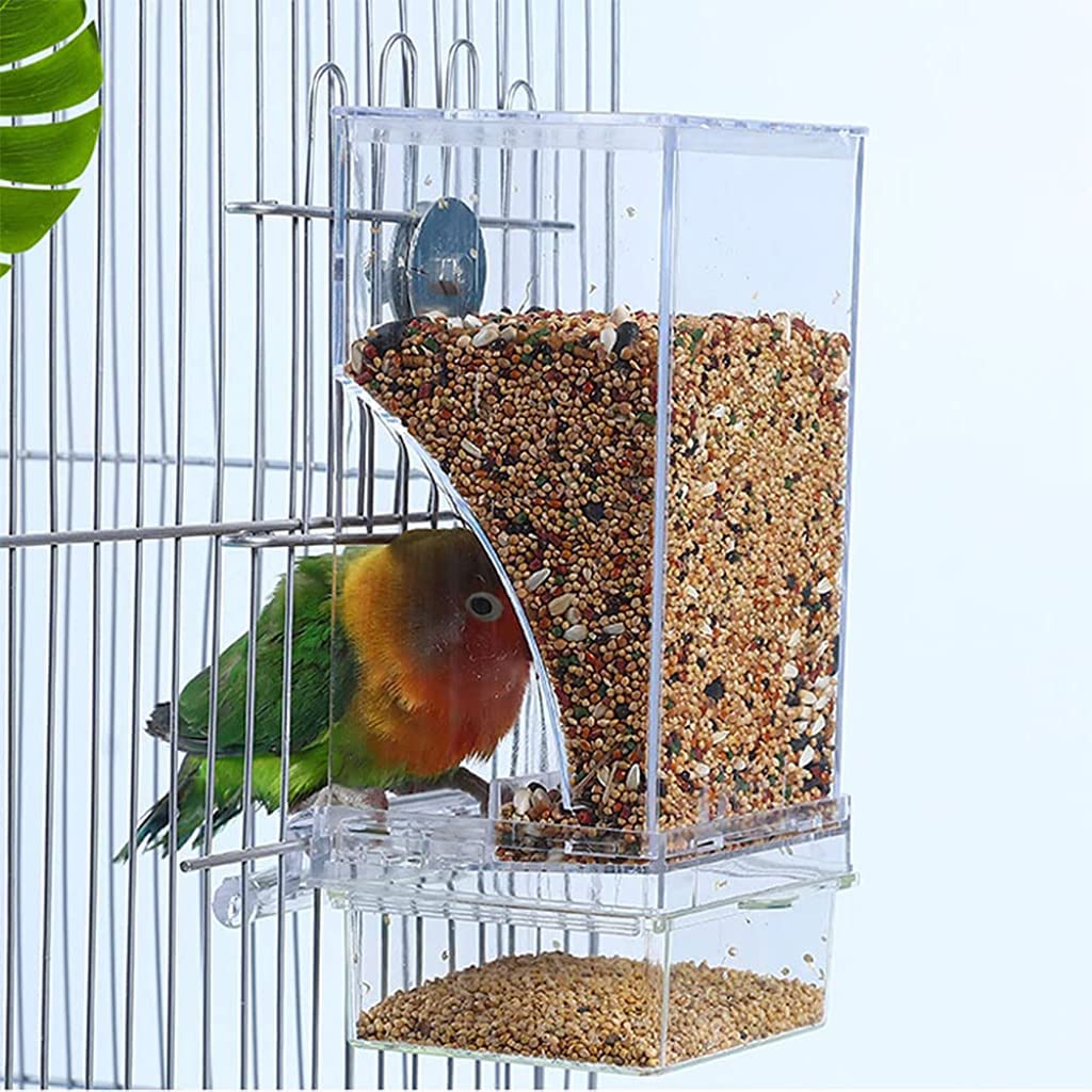 Qpets Bird Feeder for Cage Birds with Mess Free Seed Container and Perch 3.35 x 2.95 x 7.28 in | Acrylic Transparent 2PCS