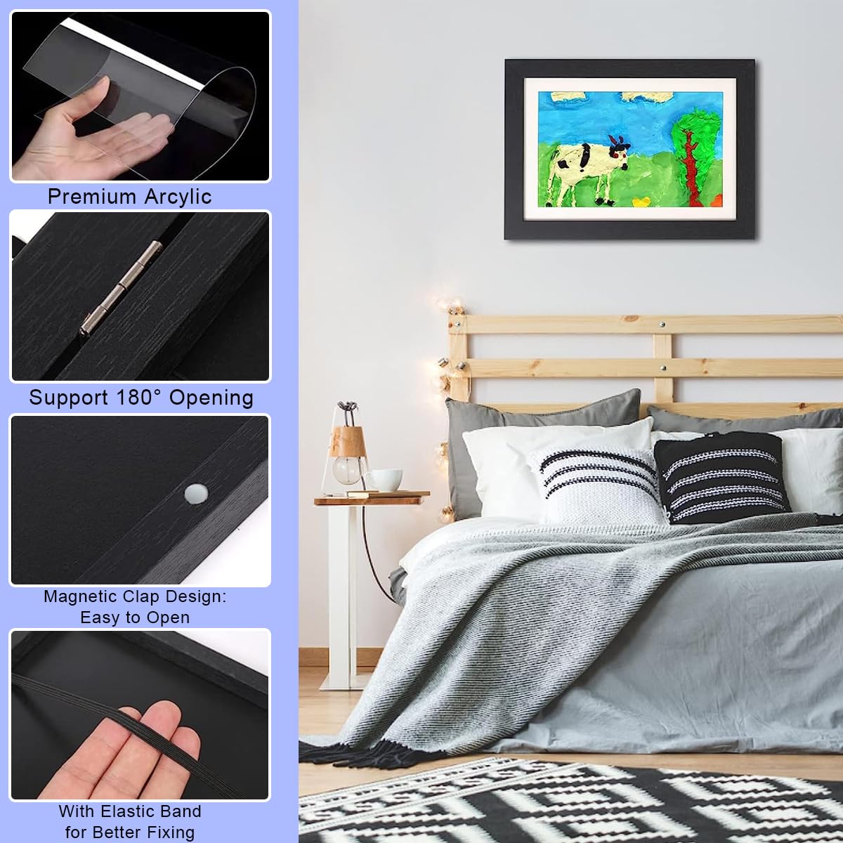 HASTHIP Kids Artwork Picture Frame for 8.3x11.8 in Art with 180° Front Opening Black Wall Display | Holds 50 Pcs