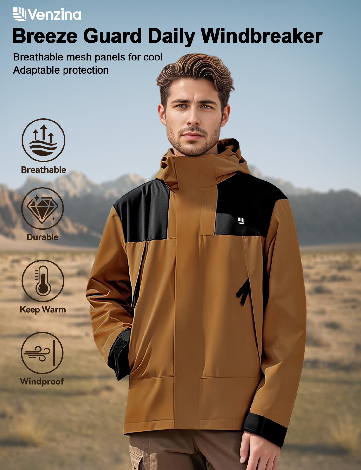 Venzina Men's Windproof Hiking Jacket for Trekking and Daily Use with Detachable Hood | Caramel