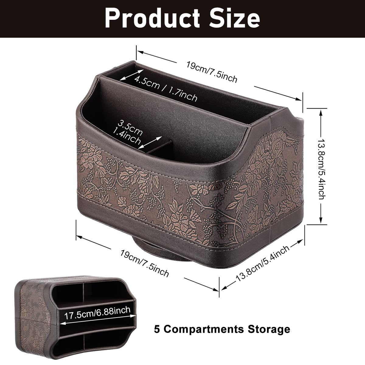 Climberty Desk Organizer with 360 Rotatable Base and Vintage Embossed Brown PU Leather | 17.5x13.5x15.5cm
