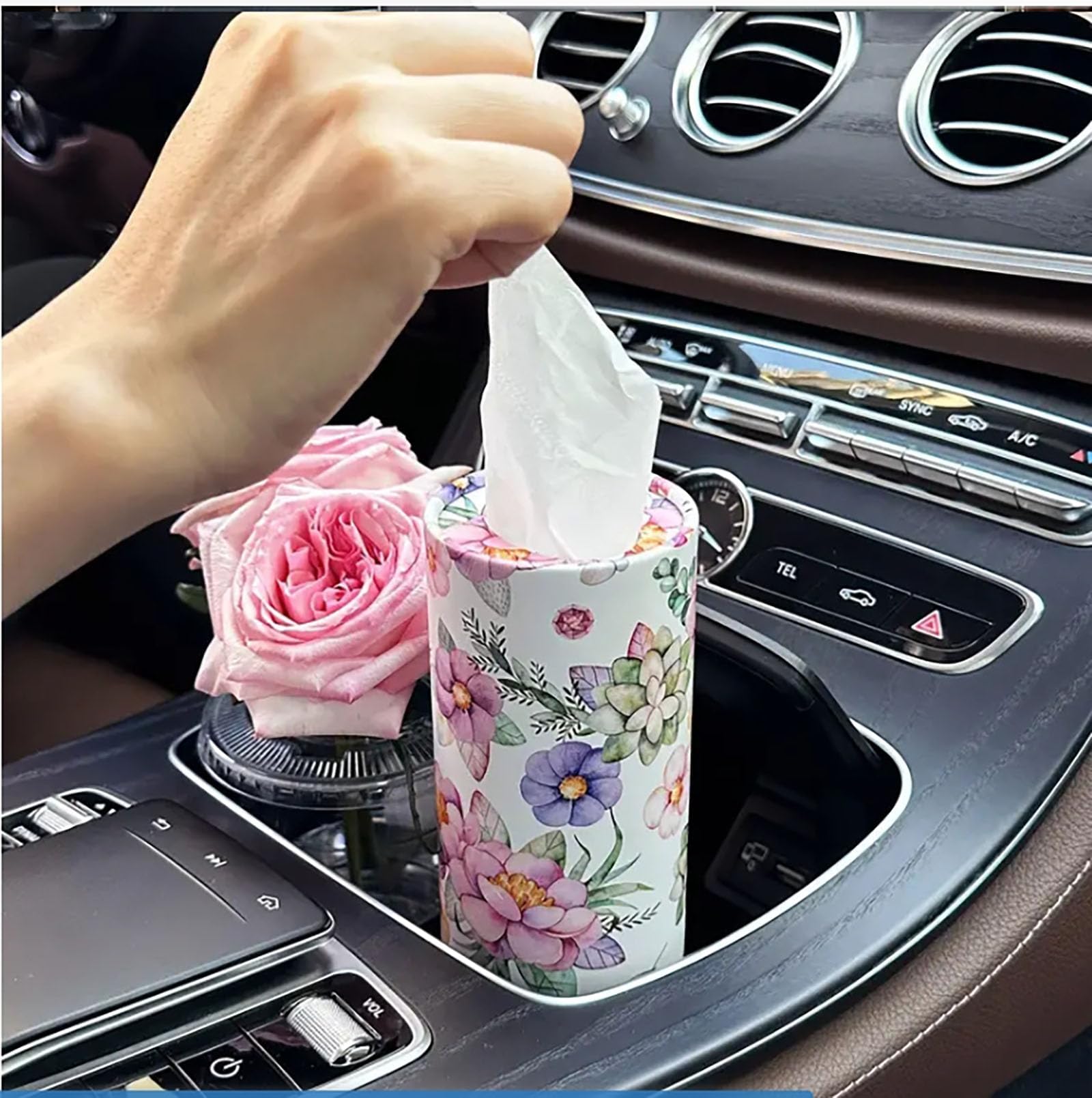 STHIRA Car Tissue Holder for Car Use featuring Floral Print and Easy Refill Design 13.3x18cm