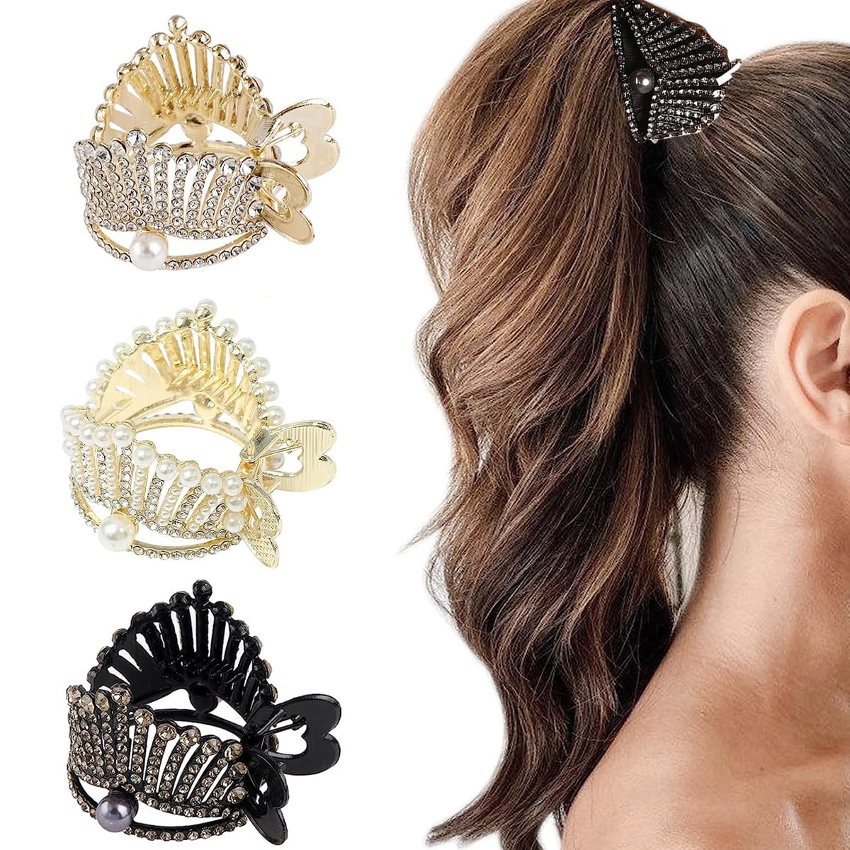 PALAY® 3 Pack Hair Claw Clips for High Ponytail, Metal Pearl Crystal Crown Hair Clips for Women Girls, Stylish Small Ponytail Holder Buckle for Thick Long Hair, Decorative Hair Accessories