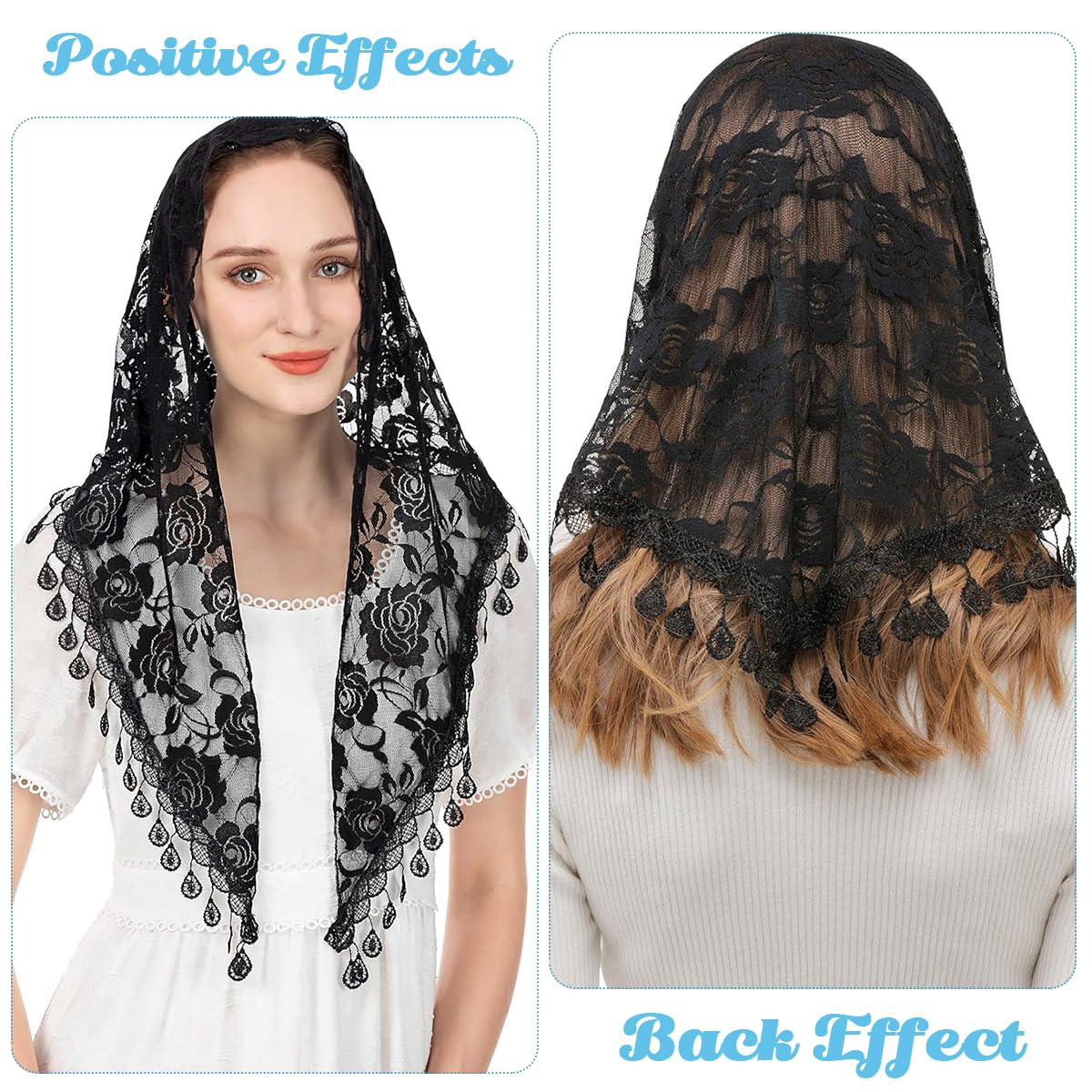 PALAY Triangle Lace Mantilla Veil for Church and Wedding featuring Rose Embroidery Tassel | 3PCS Black Set