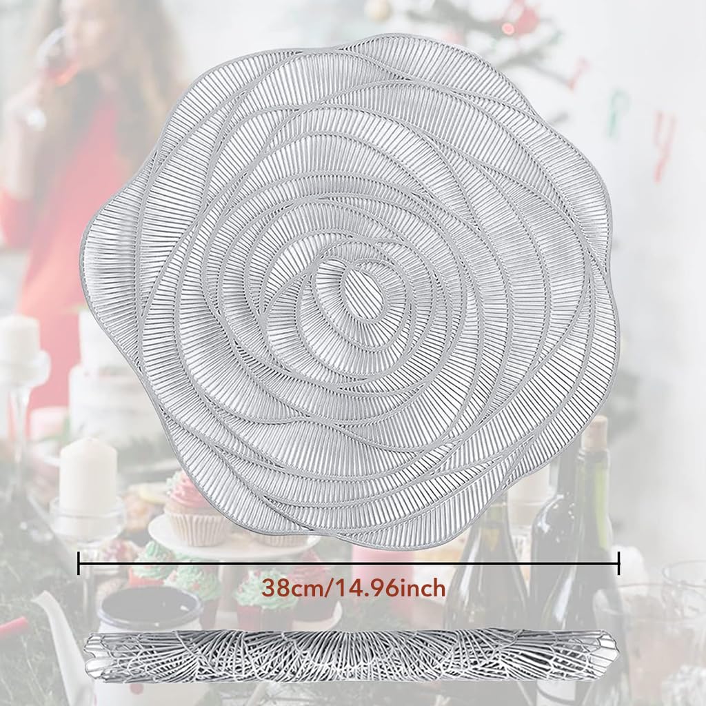 ZIBUYU® Table Mats Set of 4 Round Place Mats PVC Luxury Cup Mats for Dining Table Rose Design Heat Resistant Hollow Out Cutwork Non-Slip Dining Table Place Mats (15 inch) - Silver