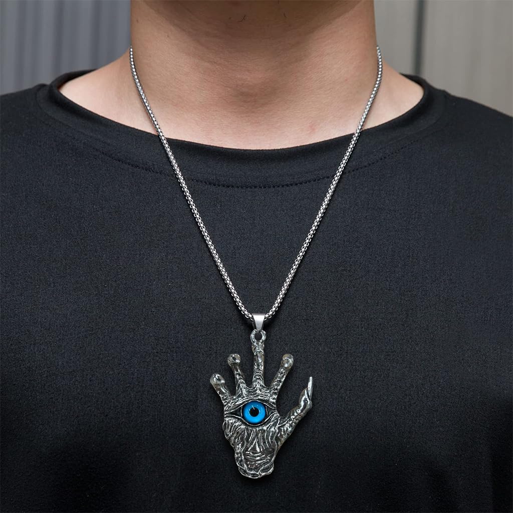 Proberos Necklace for Men featuring Devil's Hand Blue Eye Pendant and Gothic Punk Style | Alloy Chain