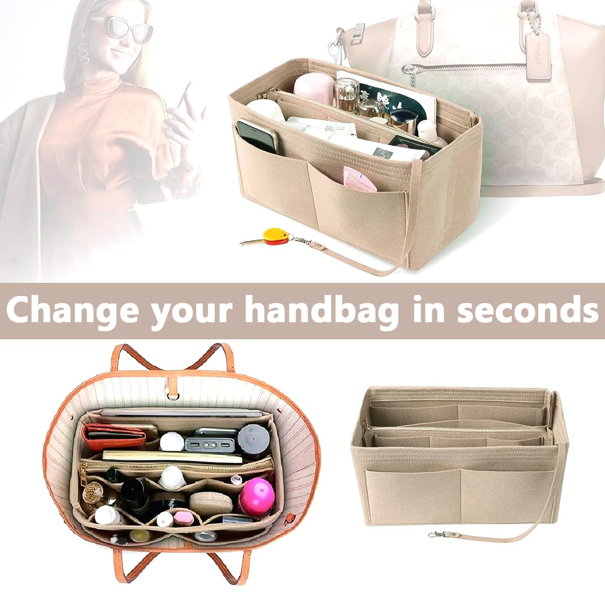 MAYCREATE Women Felt Purse Organizer Insert with Detachable Zipper Pouch 26×14×15cm Beige