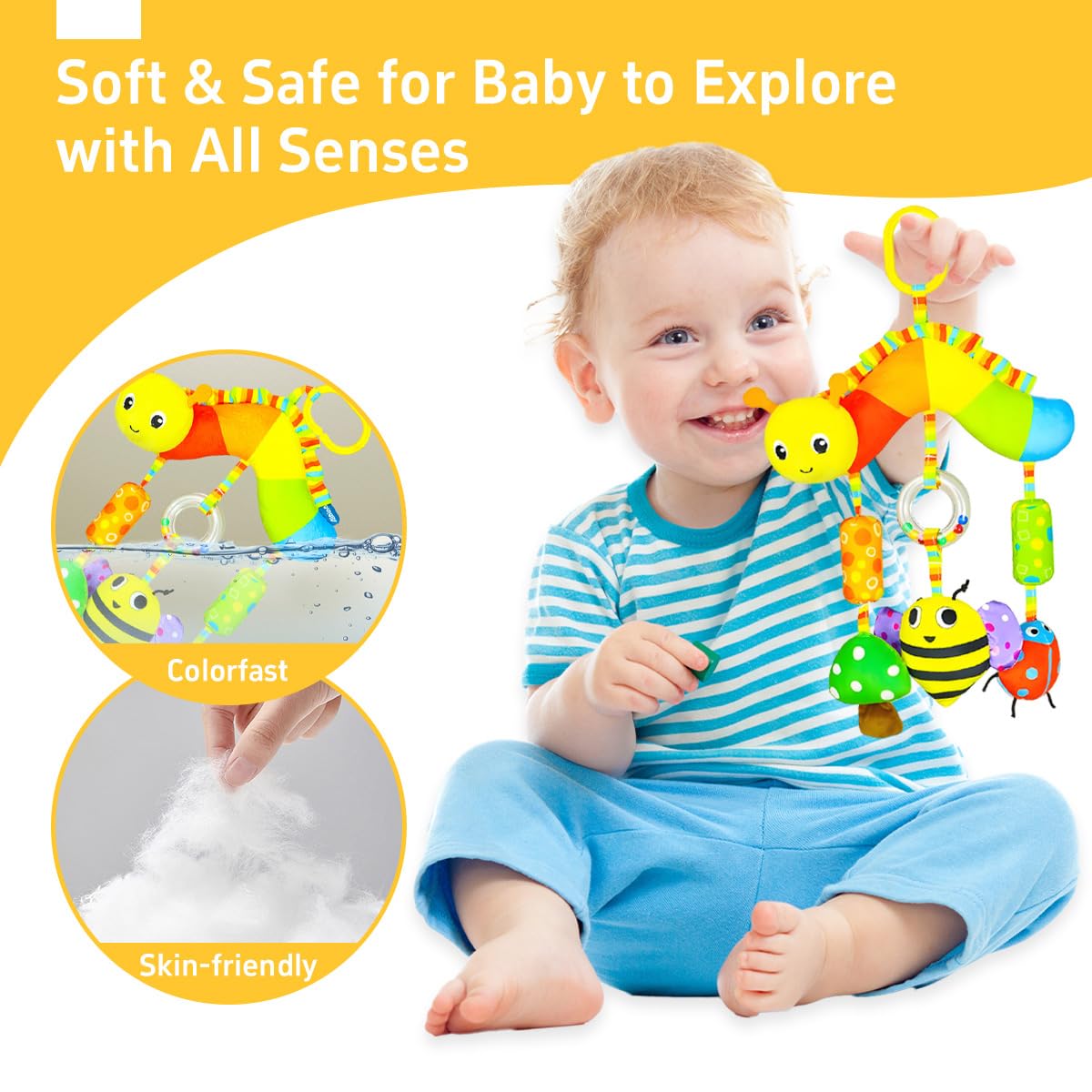 SNOWIE SOFT Baby Toys for 6 to 12 Months with Squeaky Device and Soft Plush Fabric | Hanging Sensory Crib and Stroller Toy
