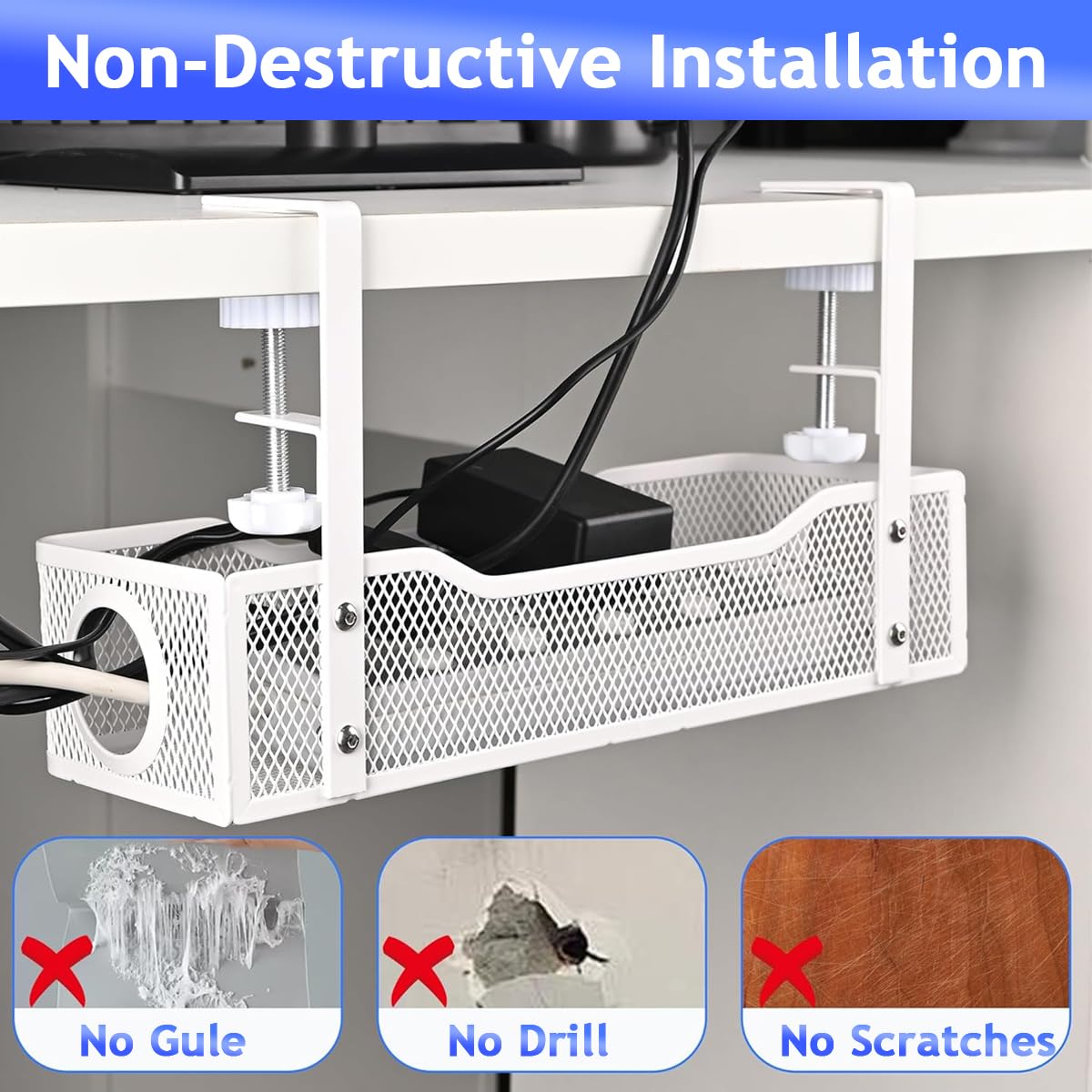 Climberty Under Desk Cable Management Tray with Clamp for Office Use 13x4.7x3.1 in White
