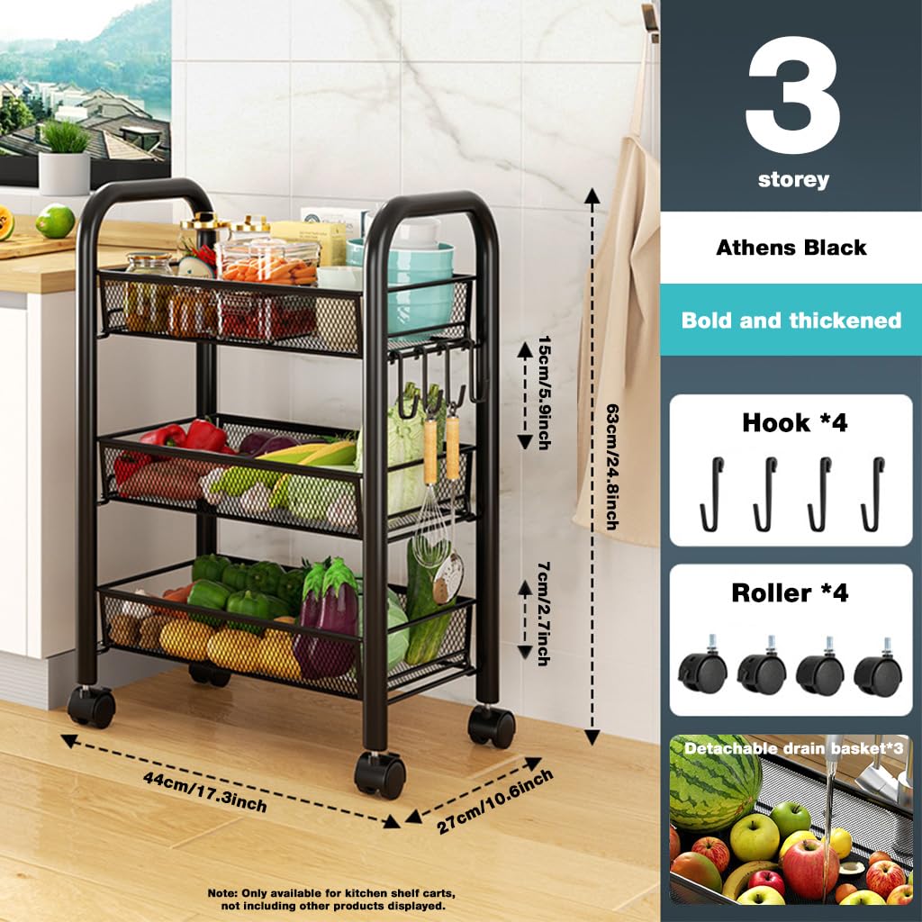 HASTHIP Multipurpose Kitchen Storage Rack for Home Organization with Adjustable Shelves 44x27x63cm featuring Smooth Caster Wheels