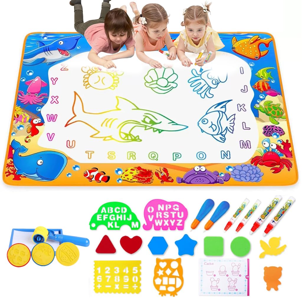 PATPAT Water Doodle Mat for Kids 39.3x27.5 in with Roller Stamps & Templates | Mess Free Drawing Playset
