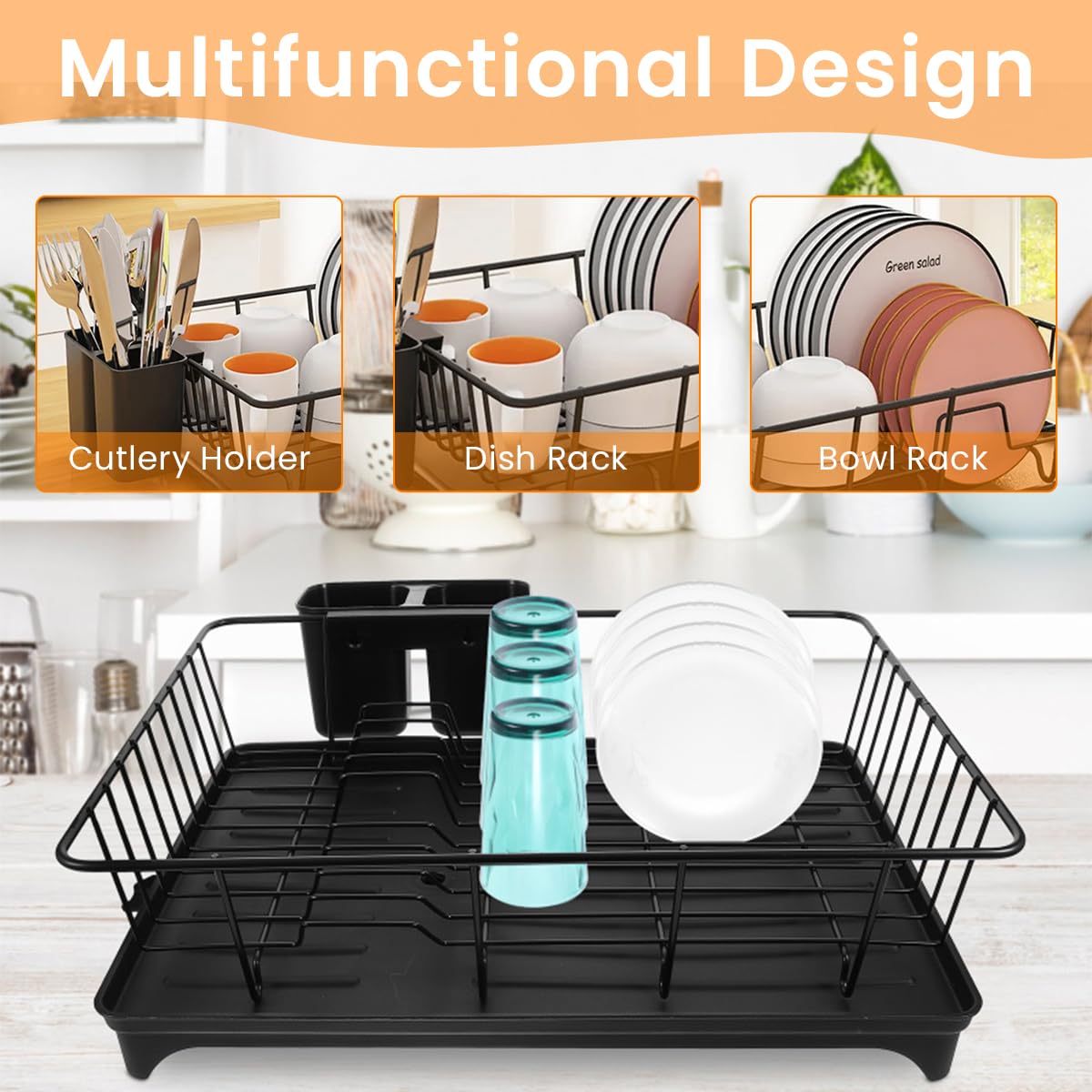 Supvox Dish Drying Rack 42x30x13 cm for Kitchen with Drainage Spout and Metal Cutlery Holder