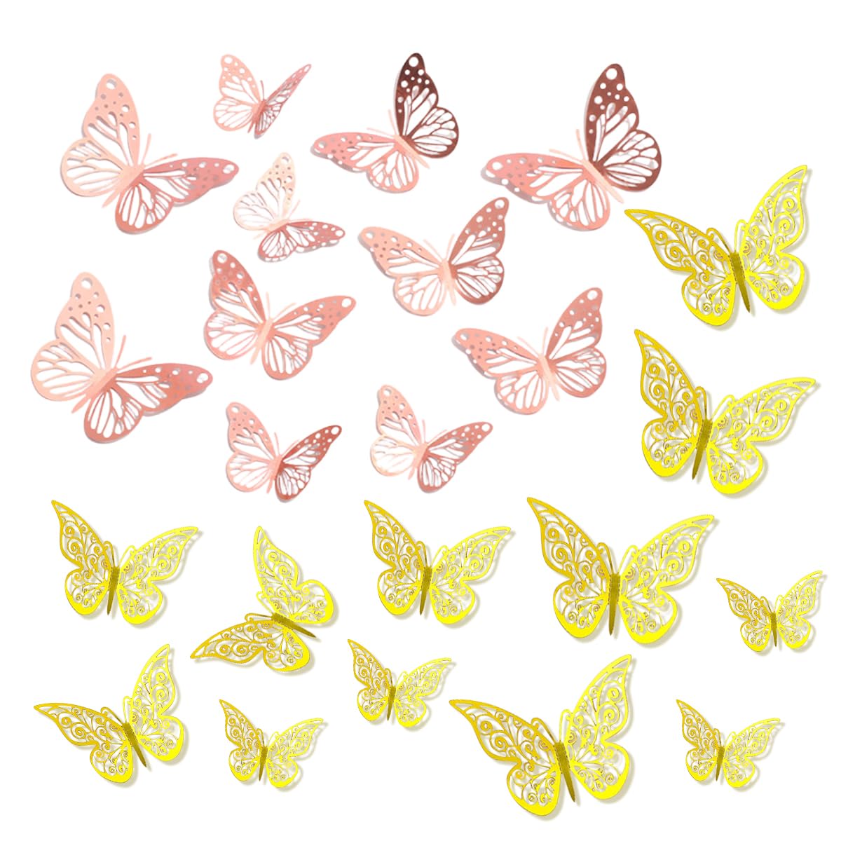 HASTHIP 3D Butterfly Wall Stickers Set for Home and Party Decor featuring 24PCS Hollow Cut PET Designs in Gold and Pink