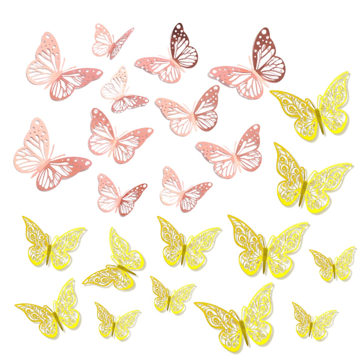 HASTHIP® 24Pcs 3D Butterfly Stickers for Wall, Butterfly Wall Decor for Birthday Party Decorations, Removable Wall Stickers Interior Decorations Kids Nursery Classroom Wedding Decor (Gold, Pink)